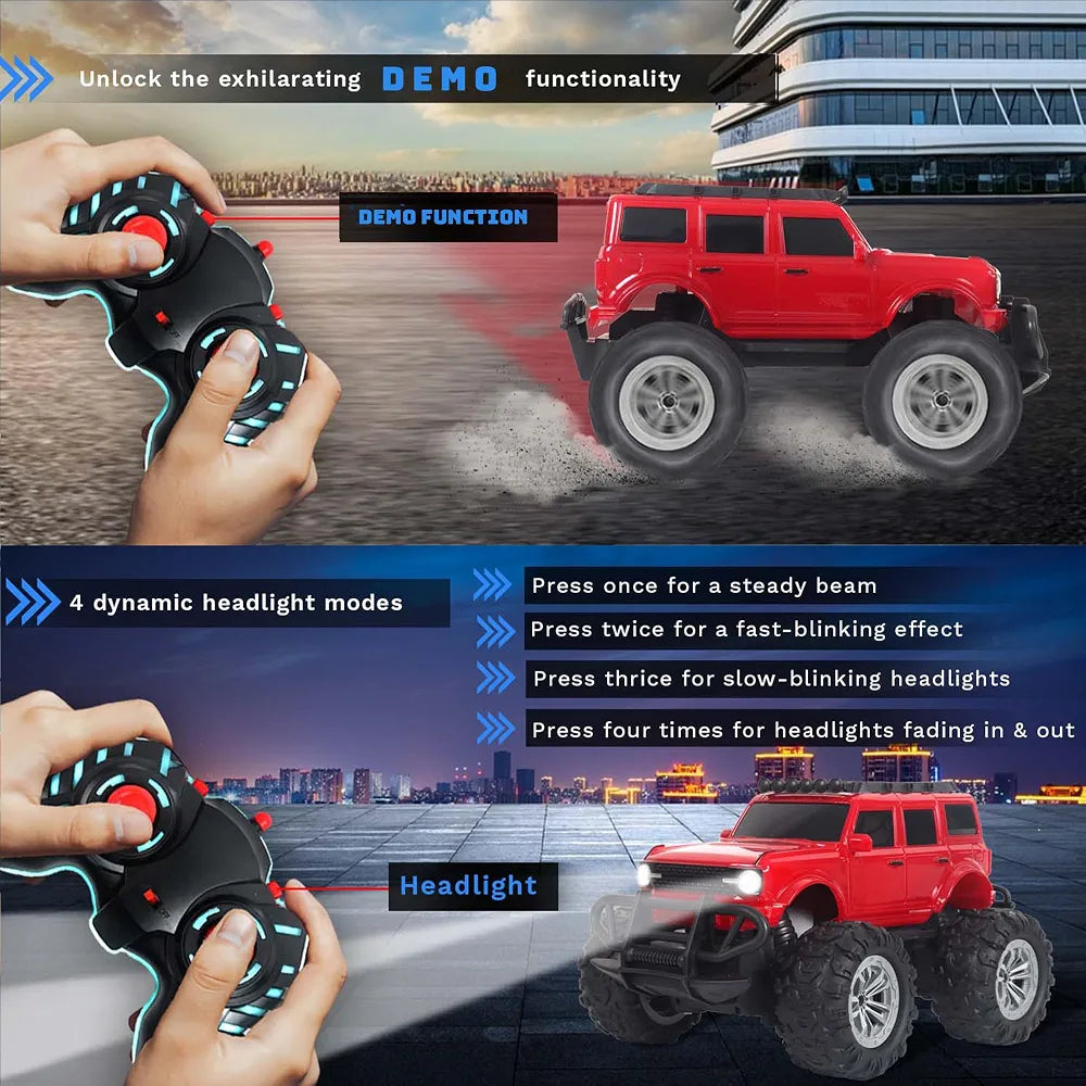 popsugar Off Roader Rechargeable Remote Control Car | RC Car Monster Truck | 4 Headlight Modes | Lithium Battery | C-Type Charging | 2.4GHz Remote Controller | Made in India, Red