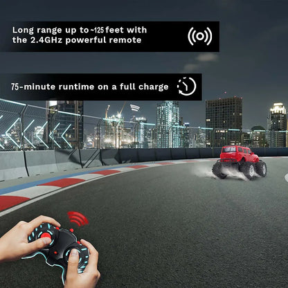 popsugar Off Roader Rechargeable Remote Control Car | RC Car Monster Truck | 4 Headlight Modes | Lithium Battery | C-Type Charging | 2.4GHz Remote Controller | Made in India, Red