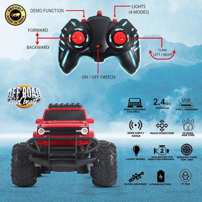 popsugar Off Roader Rechargeable Remote Control Car | RC Car Monster Truck | 4 Headlight Modes | Lithium Battery | C-Type Charging | 2.4GHz Remote Controller | Made in India, Red