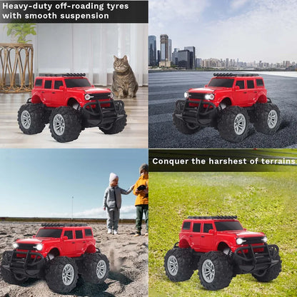 popsugar Off Roader Rechargeable Remote Control Car | RC Car Monster Truck | 4 Headlight Modes | Lithium Battery | C-Type Charging | 2.4GHz Remote Controller | Made in India, Red